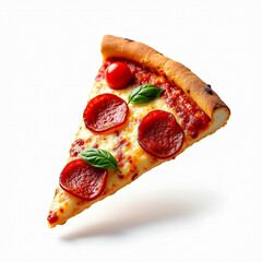Floating Pepperoni Pizza Slice with Basil and Tomato on White Background