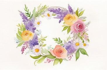 Watercolor floral wreath with roses and daisies, copy space for text