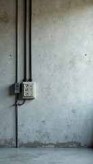 Grey concrete wall with exposed wiring and electrical outlets, wiring, outlets