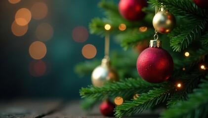 Naklejka premium Christmas tree with ornaments in the background, festive colors, holiday cheer