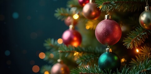 Close-up of a beautifully decorated Christmas tree with colorful glass baubles and shimmering string lights, String lights, Glass ornaments