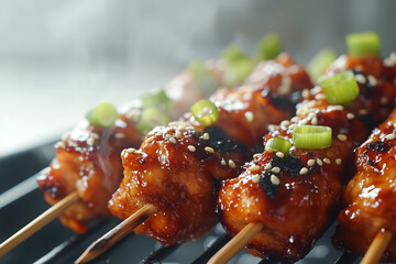A close-up photo of air-fried bourbon chicken skewers, glazed with a shiny, sticky bourbon sauce, food photography
