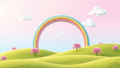 Naklejka premium Rainbow Meadow Path Background Image with Flowers and Trees for Fantasy Design