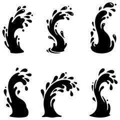 Water splash icons set. Black silhouettes of various water splash shapes with droplets, arranged on a white background. Vector illustration.