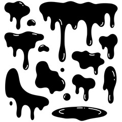 Drip icons set. Black silhouettes of various shapes of dripping and spreading liquid, arranged on a white background. Vector illustration.