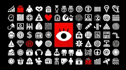 Pixelated White Icon Set with Red Eye on Black Background a Modern Graphic Design