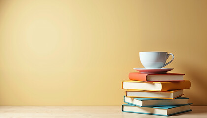 Naklejka premium Books and coffee on beige background, inspirational concept