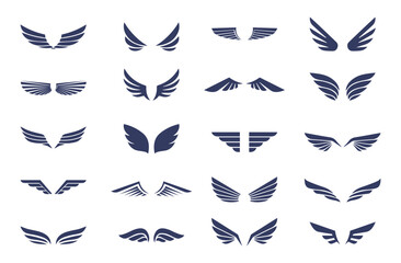 Set of Symmetrical Wing Logo Designs. A stylish collection of symmetrical wing designs in a deep blue tone, resembling modern logo elements.