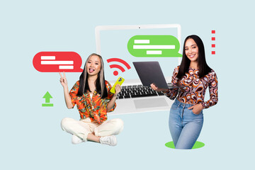 Contemporary art collage of two happy girls hold phone stand laptop notification wifi network 5g...