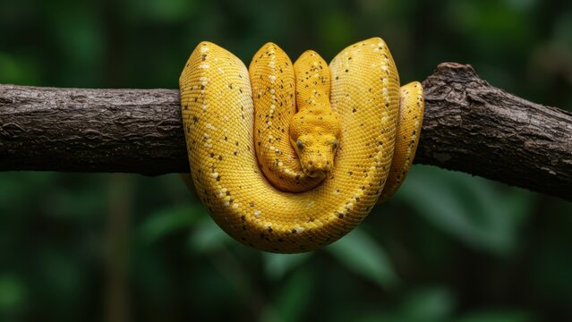 A striking yellow green tree python coiled on a tree branch, close-up.