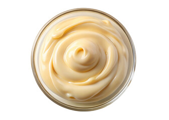Delicious Creamy Mayonnaise in a Glass Bowl Top View Swirled Texture Food Photography