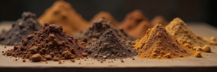 Earthy brown metal ore samples on a wooden table , ore, brown