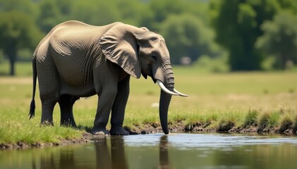 Fototapeta premium Elephant drinking from watering hole, elephant, animal