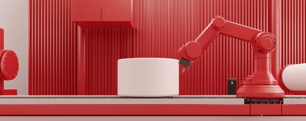 Fototapeta premium A red robotic arm operates in a modern industrial setting, manipulating a large white cylinder on a conveyor belt against a textured backdrop.