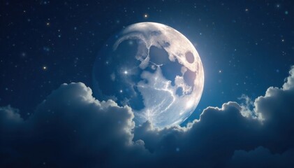 Obraz premium Ethereal glow illuminates a shimmering silver moon amidst starry night sky, moon, silver, ethereal