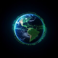 Fototapeta premium Earth from space surrounded by digital green data lines, global monitoring