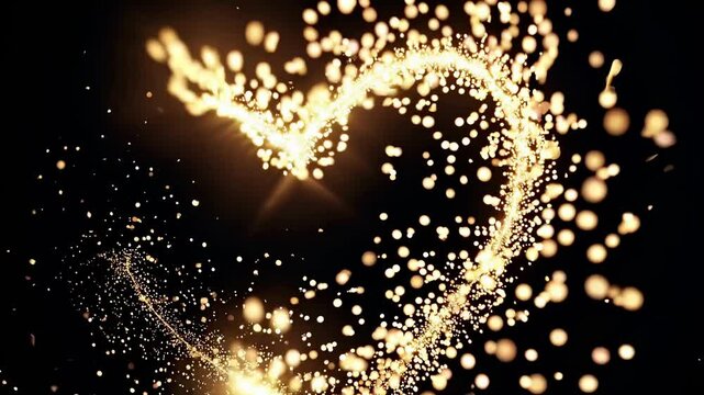 A mesmerizing video of golden sparkles forming a heart shape against a dark background, captured from a dynamic, swirling camera angle. Live desktop wallpaper.
