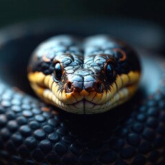 Fototapeta premium Scales glisten on snake's face as it gazes forward, reptiles, blue snake