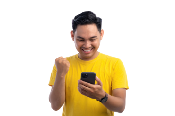 Portrait of excited handsome Asian man using smartphone, gesturing yes with clenched fist, celebrating good news isolated on transparent background