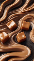 Caramel blocks splash into liquid caramel, creating droplets against a dark brown backdrop that showcases their creaminess