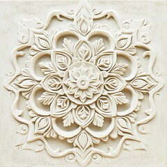 Intricate white floral mandala design on a textured surface with