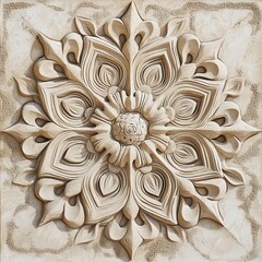 Carved stone rosette flower design on a textured surface.