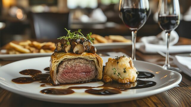 Elegant beef Wellington plated with a crisp puff pastry crust truffle-infused mushroom duxelles and a drizzle of port wine jus