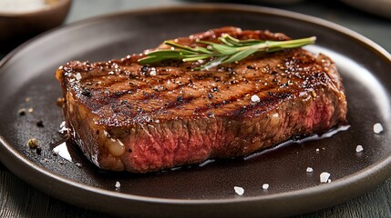 Elegant steak presentation with smoked sea salt flakes plated on a hand-crafted ceramic plate with subtle lighting
