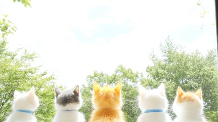 Five adorable kittens with blue collars sit in a row, gazing out a window at a bright, sunny day. Lush green trees are visible outside.