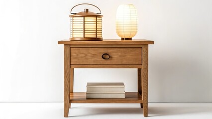 A stylish wooden nightstand with a drawer, adorned with a lantern and a lamp, creating a cozy atmosphere in a modern bedroom setting on a white background.
