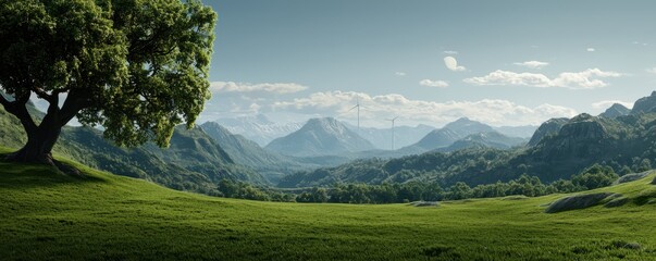 Fototapeta premium A scenic landscape featuring a large tree in the foreground, rolling hills, and majestic mountains under a clear sky.