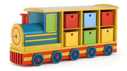 Naklejka premium Colorful wooden toy train with storage compartments, ideal for kids' playtime and room decoration.