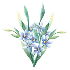 Forget-me-not bouquet. Romantic watercolor illustration of blue flowers twigs. Perfect for romantic, botanical, vintage design projects, romantic spring greeting card, retro postcard, stickers, sign