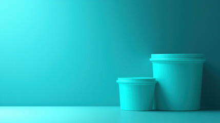 minimalist composition of two teal containers on matching background with copy space