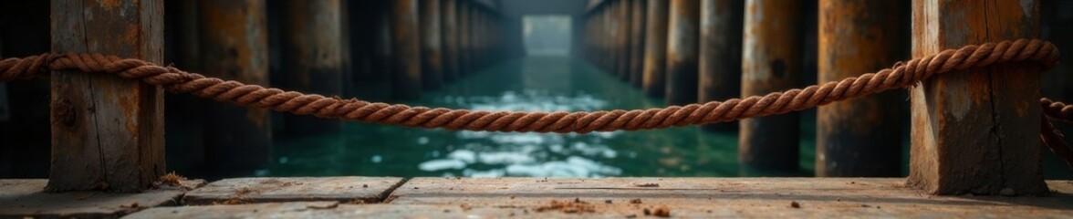 Fototapeta premium Rusted rope stretched between two massive wooden beams, frayed, beams, broken