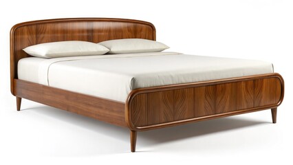 Stylish wooden bed with a modern design, featuring a quilted white mattress and natural wood finish. Perfect for contemporary bedroom aesthetics and relaxation.