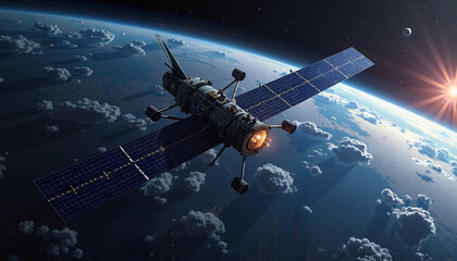 Obraz premium Satellite orbiting Earth in space, futuristic design, advanced technology concept 