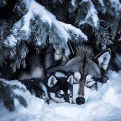 A mother wolfdog curled up with her pup under a snow-covered tree