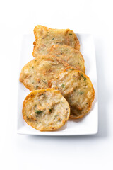 Tortillitas de camarones isolated on white background. Typical Andalucia food.