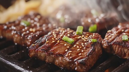 Korean-style marinated beef steak grilled and served on a hot plate with sesame seeds and green onions