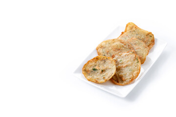 Tortillitas de camarones isolated on white background. Typical Andalucia food. Copy space