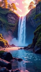 Waterfall Landscape with Gradient Colors, outdoor, nature