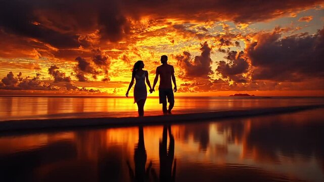Silhouette of couple holding hands at sunset beach