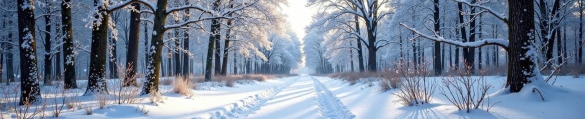 Fototapeta premium Winter forest landscape with bare branches and snow , snow, wood, tree