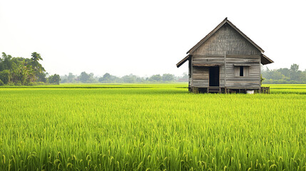 Fototapeta premium charming wooden Thai village house stands in lush green rice field