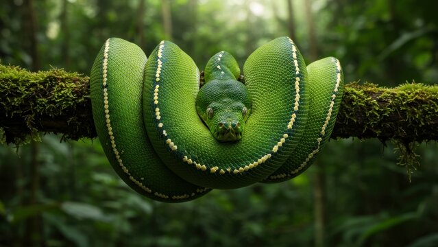 Green Tree Python coiled on a mossy branch in a lush tropical rainforest. - Powered by Adobe
