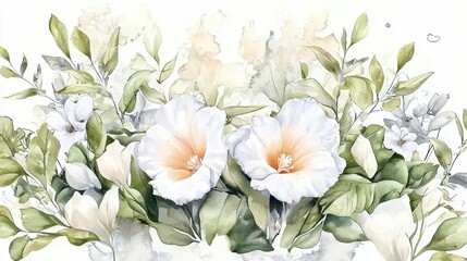 Obraz premium A beautiful arrangement of soft delicate white and peach flowers in bloom surrounded by lush green foliage against a tranquil natural background