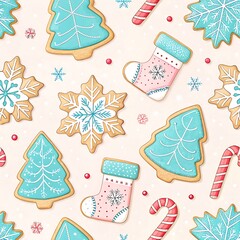 Festive Christmas Cookies Seamless Pattern Design Pastel Blue Pink art food tree cane cute card xmas