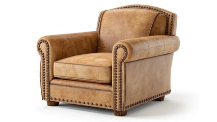 A stylish, vintage leather armchair featuring a classic design with brass nailhead detailing. Perfect for adding elegance and comfort to any living space or office.