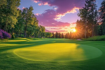 Serene Golf Course Under Vibrant Purple Sunset with Lush Greenery